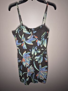 Floral Print Spaghetti Strap Dress - Black with Blue & Green Floral